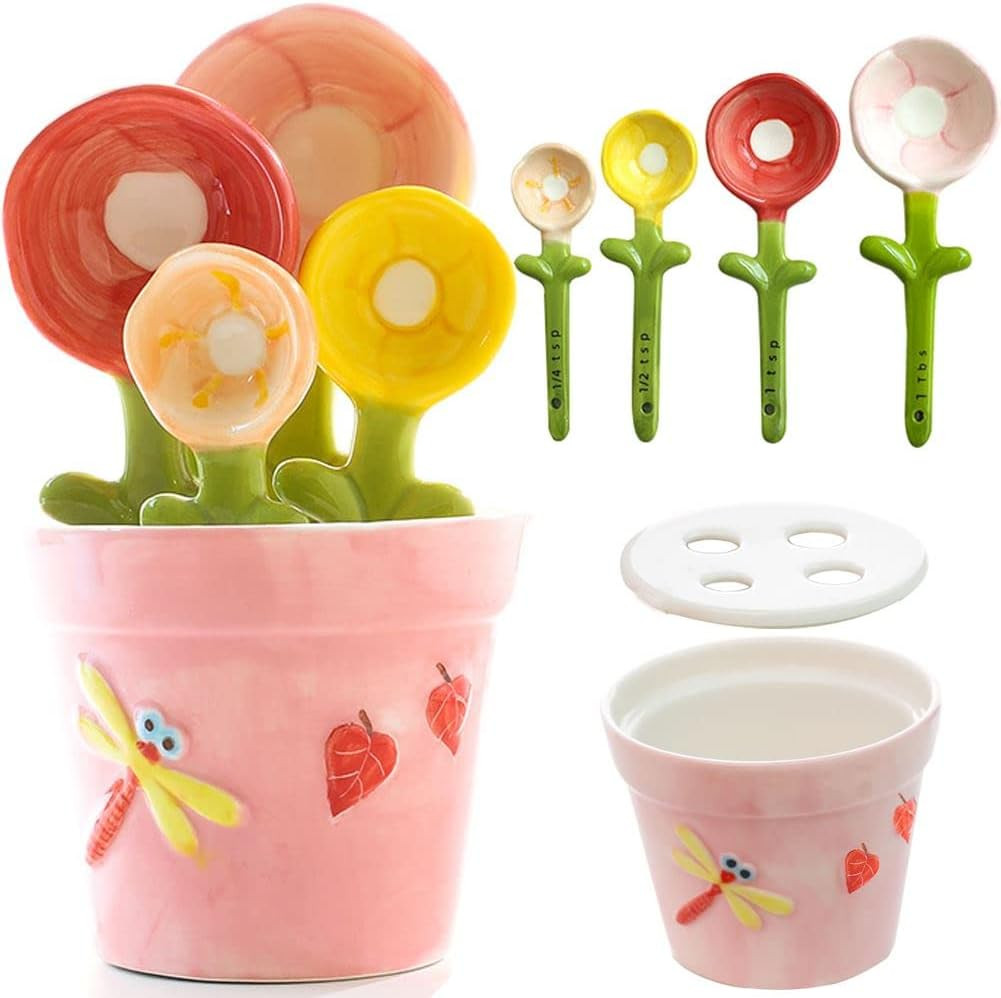 Flower Measuring Spoons Set in Pot Unique Baking Gifts Ceramic Cute Measuring Cups and Spoons with Holder for Dry Wet Ingredients Dishwasher Safe Pink | Amazon (US)