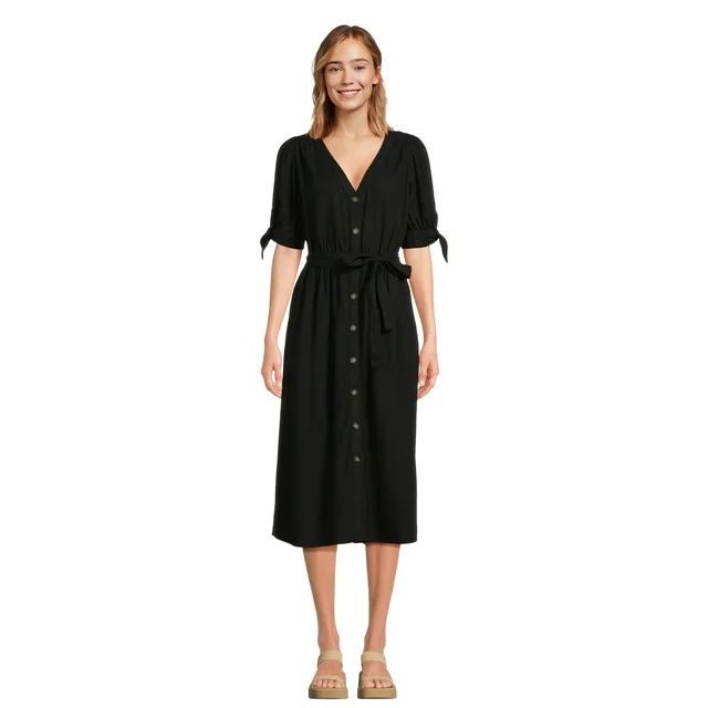 Time and Tru Women's and Women's Plus Tie Sleeve Linen Blend Midi Dress, Sizes XS-4X | Walmart (US)