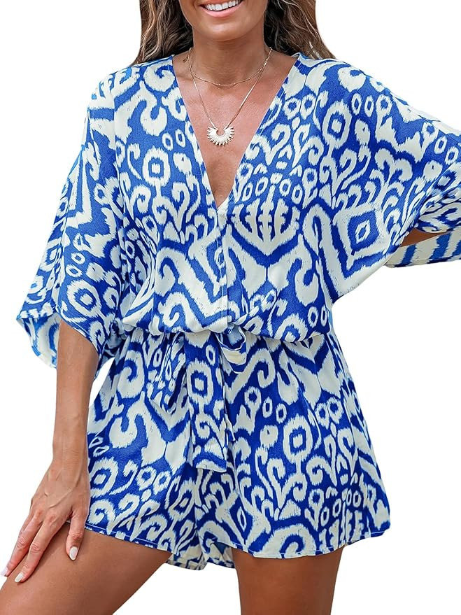 CUPSHE Women's Summer Romper Lace Up Printed Half Sleeves Casual Wide leg Vacation Outfit Mini On... | Amazon (US)