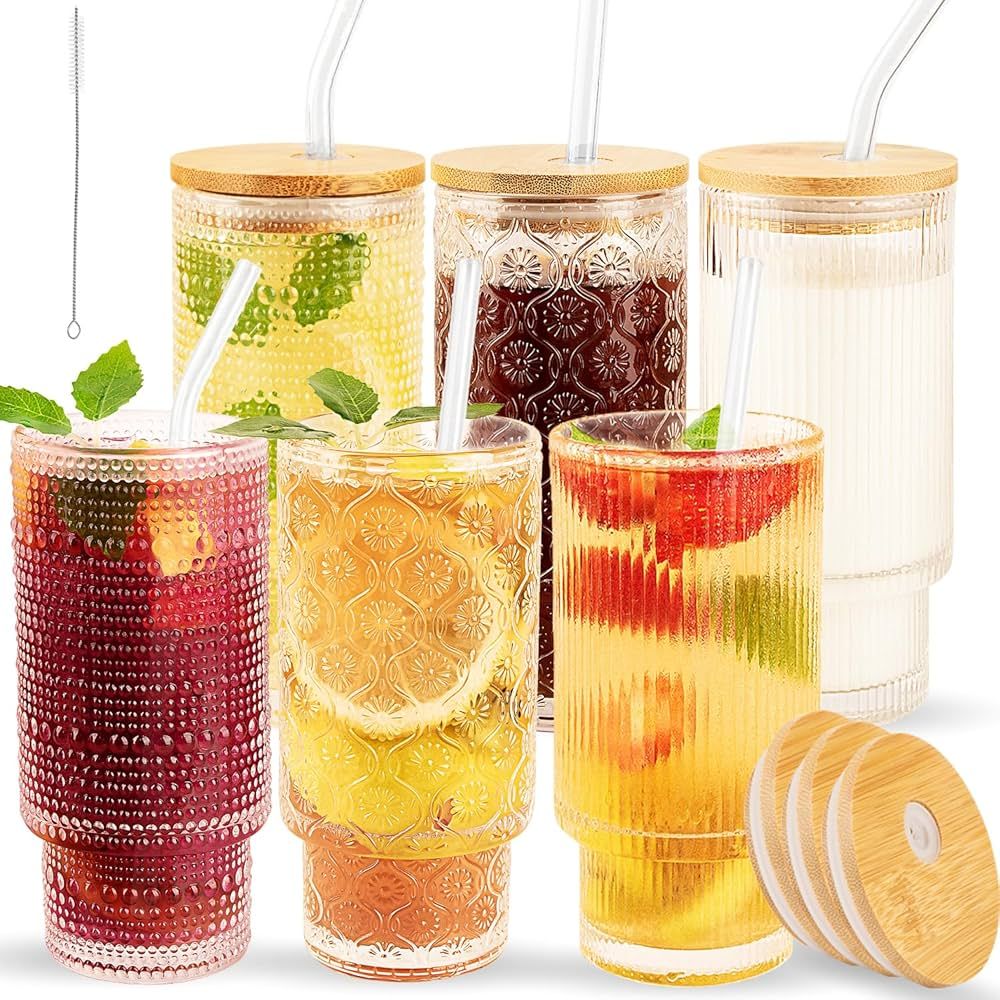 6 Pcs Glass Cups Set with Straw/Bamboo Lid,12 oz Stackable Serving Drinking Glasses, Ideal for Wh... | Amazon (US)