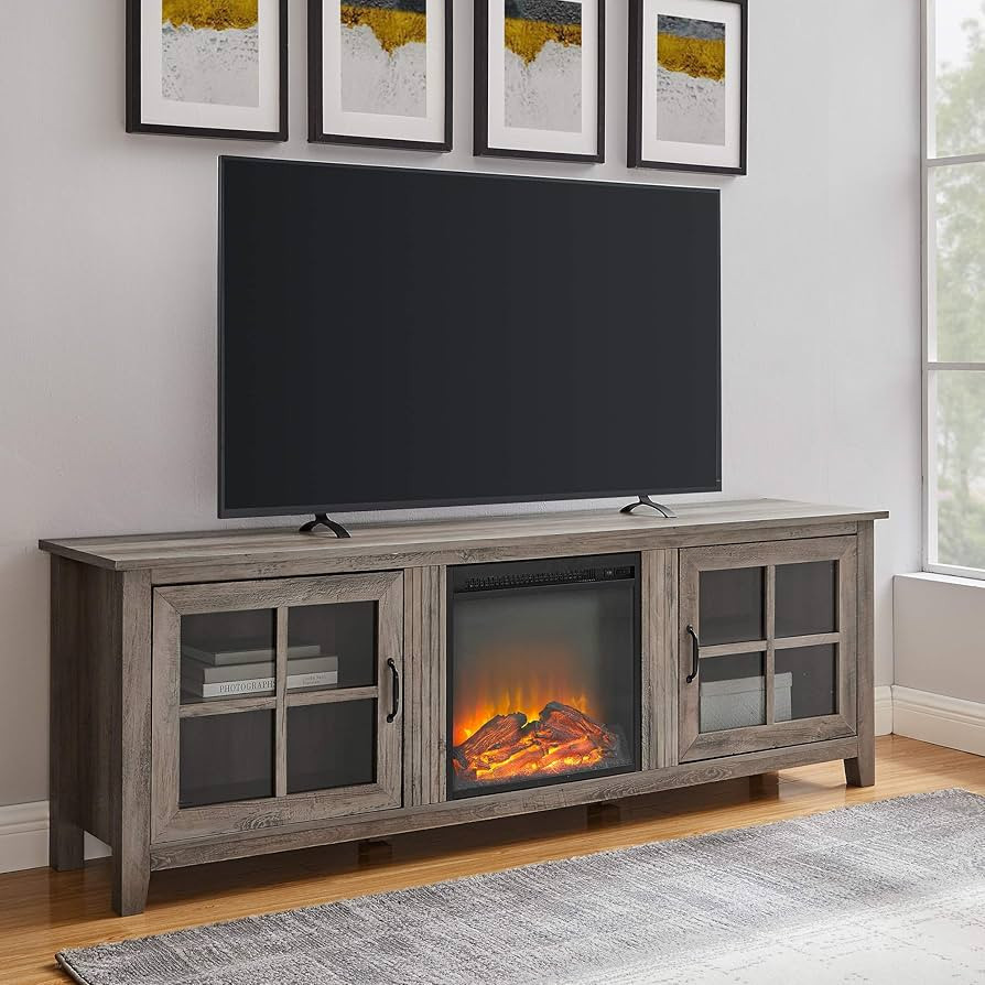 Walker Edison Bern Classic 2 Glass Door Fireplace TV Stand for TVs up to 80 Inches, 70 Inch, Grey... | Amazon (US)