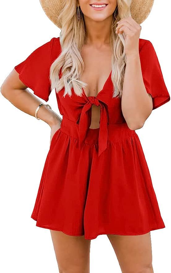 Aoysky Womens Summer Short Rompers Sexy Cute Loose Tie Front Jumpsuit Casual V Neck Wide Leg Beac... | Amazon (US)