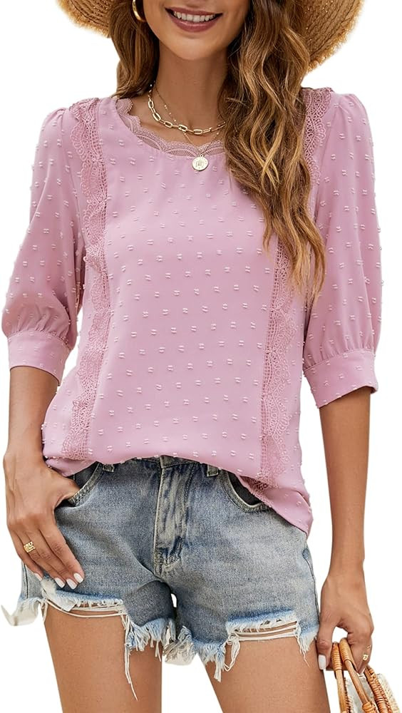 JoyJoy Swiss Dot Tops for Women 3/4 Puff Sleeve Lace Crochet Boat Neck Keyhole Back Blouse | Amazon (US)
