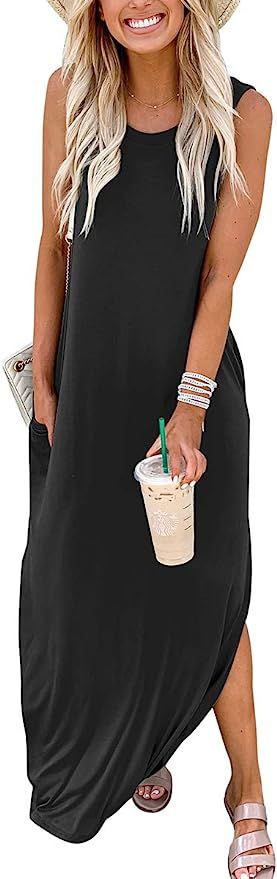 Prinbara Women's Casual Loose Summer Long Dress Sleeveless Split Beach Maxi Dresses with Pockets | Amazon (US)