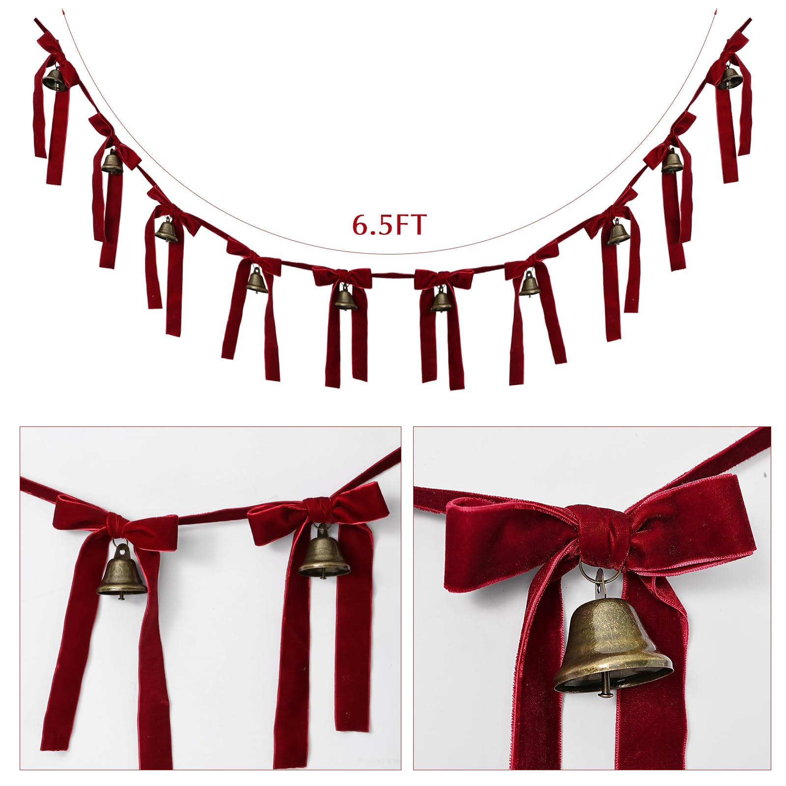 Garland Christmas Decorations Indoor, Vintage Christmas Bell Banner with Red Velvet Ribbons, Retr... | Amazon (US)