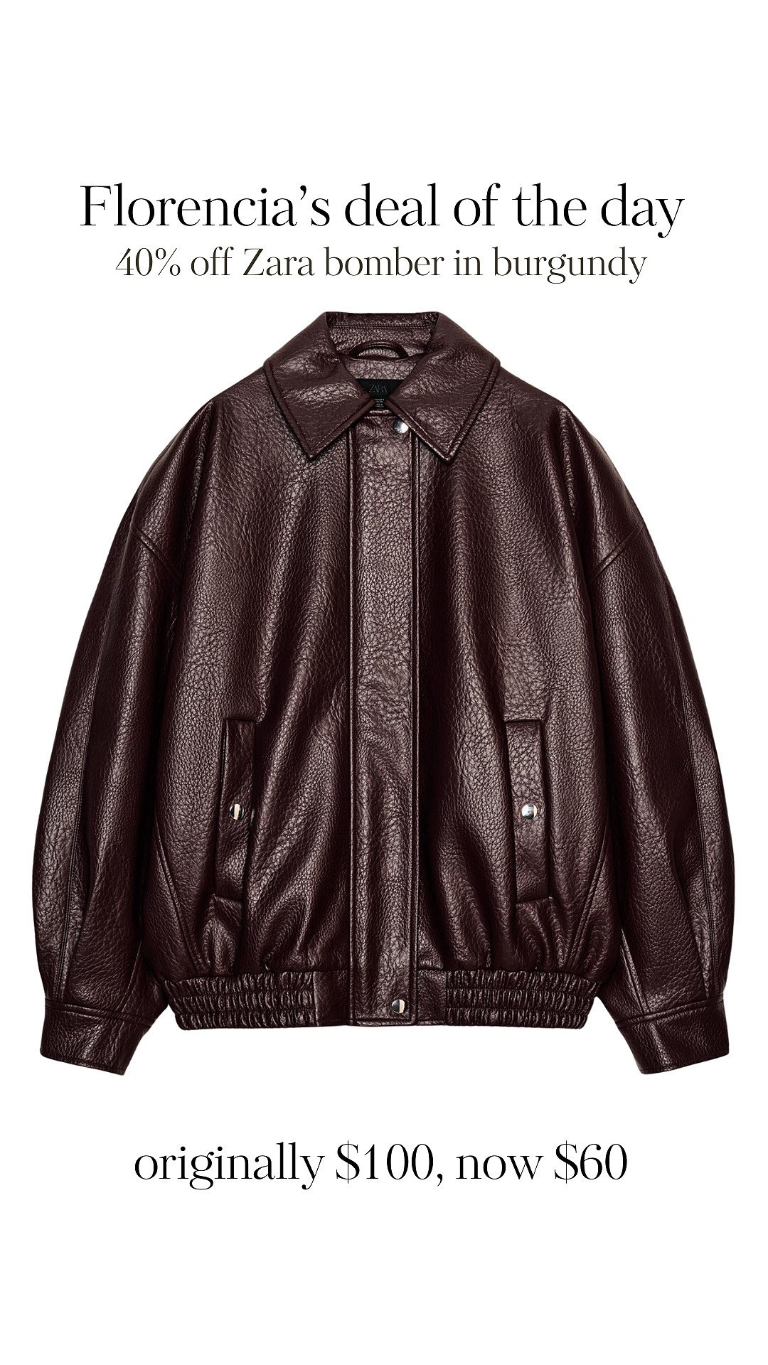 Good afternoon ladies! Happy Thursday🤎 this has been an amazing week of shopping!

Zara just put this gorg burgundy bomber jacket on sale, a suuuuuper good buy especially for winter to spring transitional styling🤩🤩🤩🔥

#LTKdayinmylife #LTKSpringSale #LTKgrwm