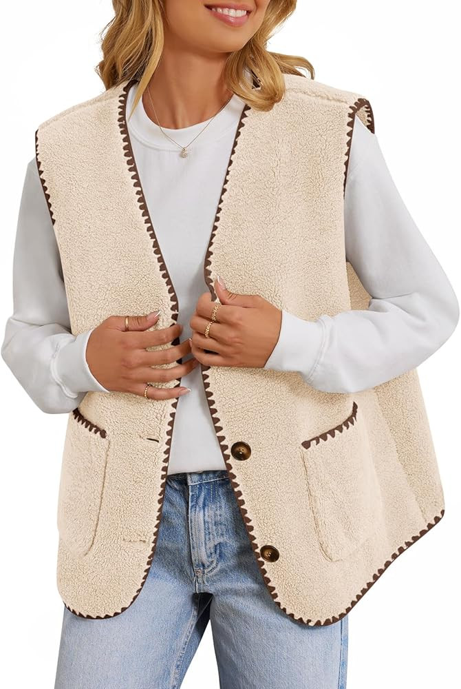 MEROKEETY Women's Fuzzy Fleece Vest Sleeveless Colorblock Sherpa Jacket Button Down Outerwear wit... | Amazon (US)