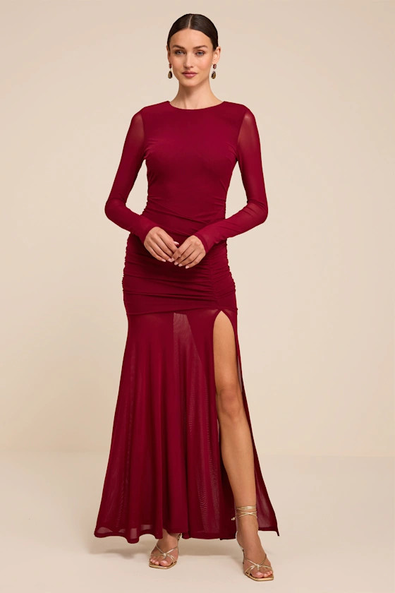 Vibrant Poise Wine Red Mesh Ruched Maxi Dress | Lulus