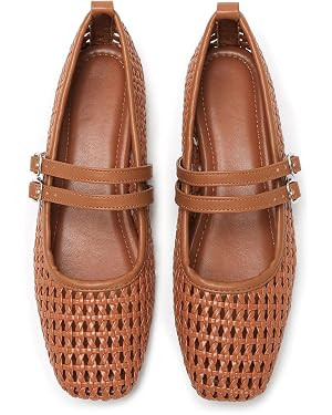 Women's Square Toe Mary Jane Flats – Woven Mesh Faux Leather with Dual Adjustable Buckle Straps... | Amazon (US)