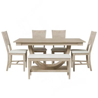 6-Piece Wood Half Round Dining Table Set Kitchen Table Set With Long Bench And 4 Dining Chairs, Modern Style, Natural | Wayfair North America
