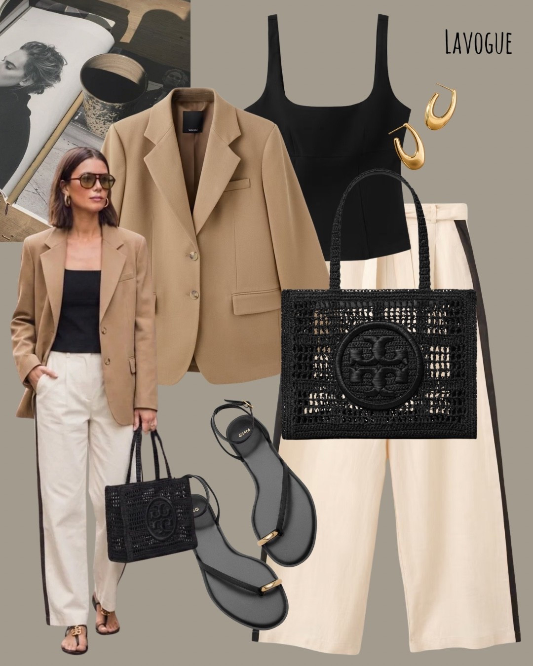 Beige blazer over a black fitted tank and contrast stripe pants for a sleek, modern look. Paired with spring sandals and a black crochet tote for an effortless finish.
Shop Below 👇🏼 

#LTKStyle #ChicLayers #ModernStyle #EffortlessLooks
