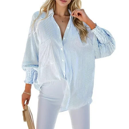 Weardear Women s Smocked Cuffed Striped Boyfriend Shirt with Pocket Casual Collar Long Sleeve Blouse Tops | Walmart (US)