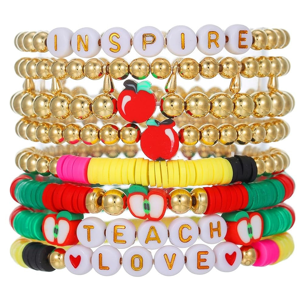 Layered Inspire Teacher Apple Pencil Shape Gold Ball Clay Beaded Bracelets for Women Jewelry | Amazon (US)