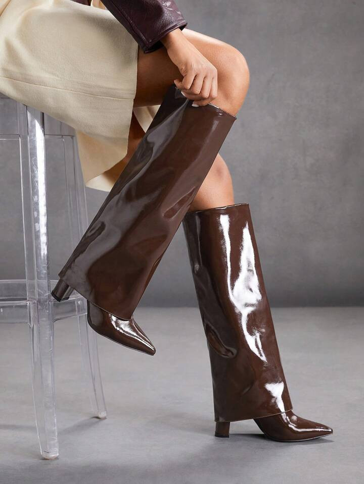 CUCCOO SZL Outdoor Women's Pointed Toe Chunky High Heel Glossy PU Leather Boots, Fashionable Mini... | SHEIN