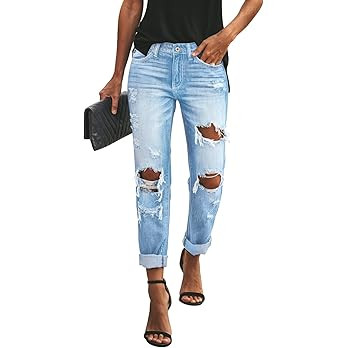 KUNMI Women's Ripped Mid Waisted Boyfriend Jeans Loose Fit Distressed Stretchy Denim Pants | Amazon (US)
