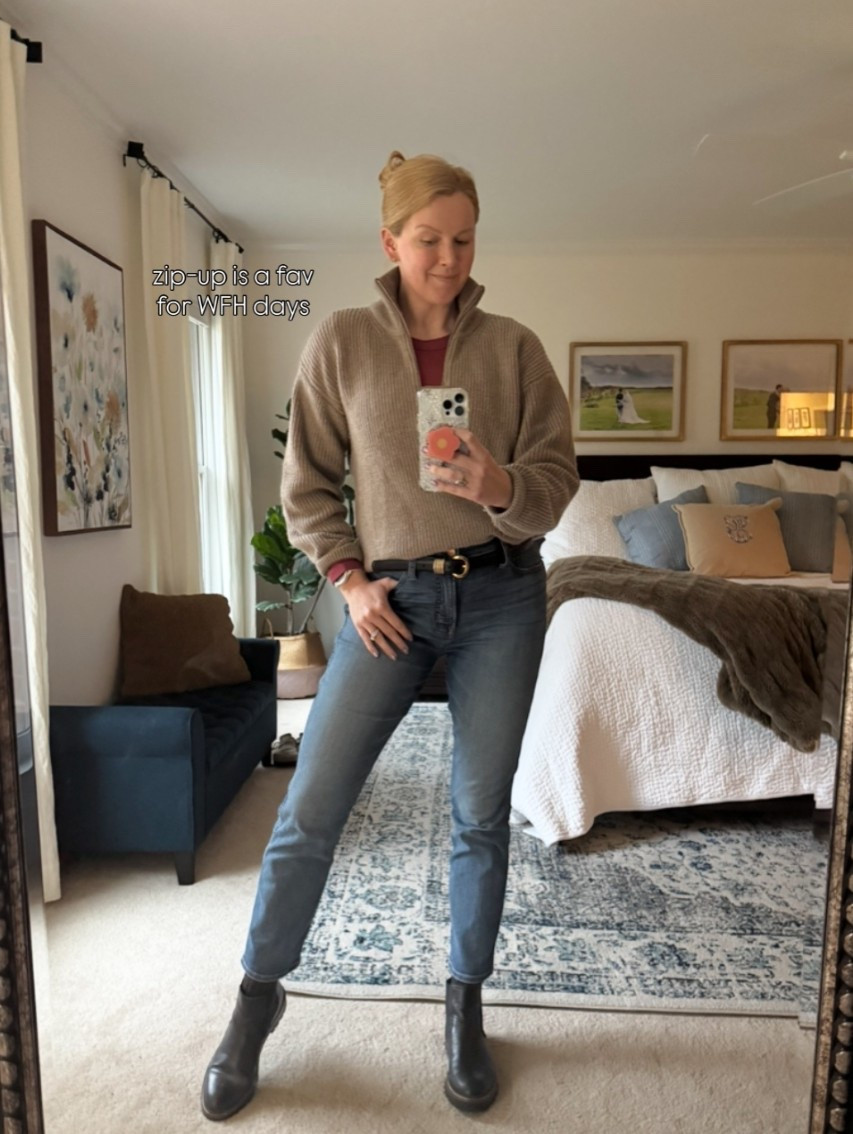 Casual spring outfit idea - quarter zip is cozy and fits true to size, longline straight leg jeans have a great fit too!

#LTKSeasonal #LTKmomlife