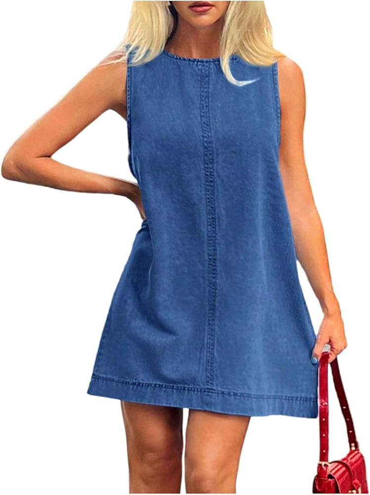 Milumia Women's A-Line Sleeveless Crew Neck Denim Dress Loose Casual Mini Jean Dresses | Amazon (US)