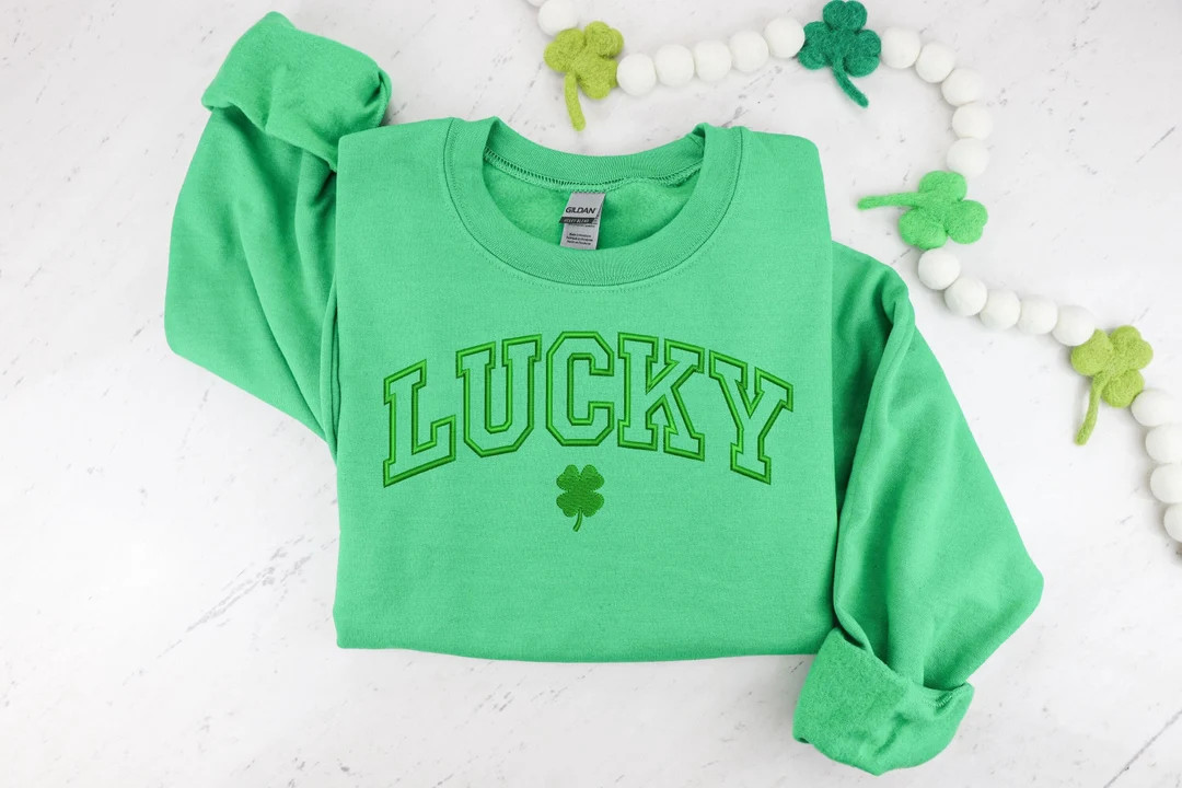 Embroidered Lucky Sweatshirt, Embroidered Crewneck, Saint Patrick's Day Sweatshirt, Lucky Sweatsh... | Etsy (US)
