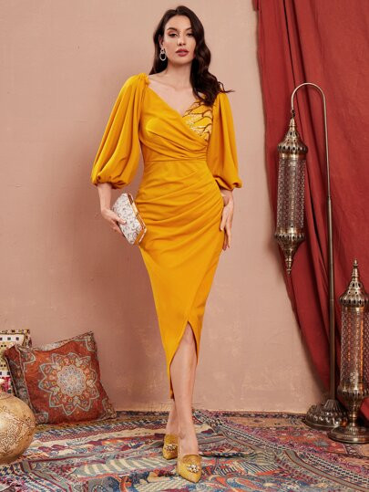 SHEIN Off Shoulder Applique Detail Self Belted Dress | SHEIN