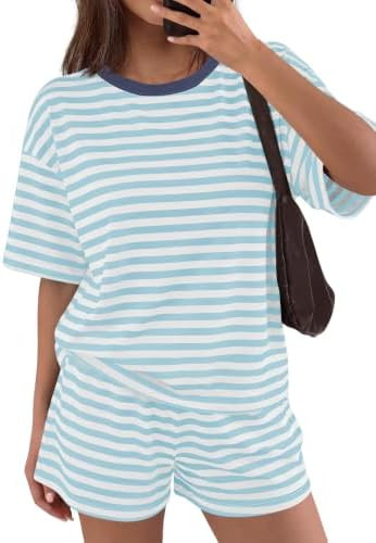 Panadila Womens Striped Short Sets 2 Piece Summer Matching Lounge Sets Short Sleeve T Shirts and ... | Amazon (US)