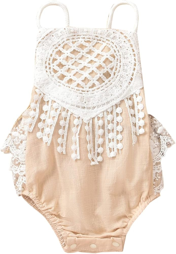 Baby Summer Romper Jumpsuit Outfit Set Lace Romper Boho Spaghetti Strap One-Piece Clothes for Tod... | Amazon (US)