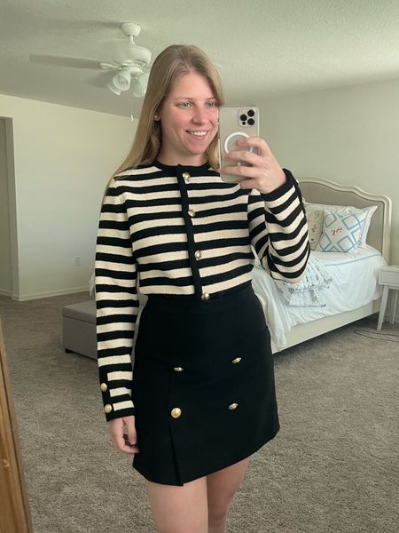 Fall transition outfit. Classic black pencil skirt, black and white striped lady cardigan with gold buttons. 

#LTKworkwear #LTKfindsunder100 #LTKSeasonal