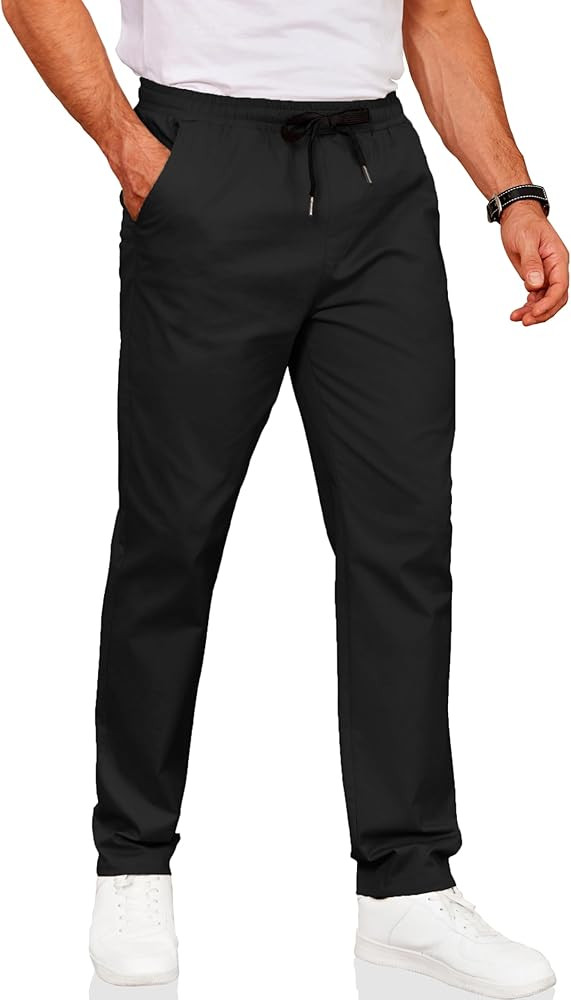 COOFANDY Men's Drawstring Casual Pants Cotton Twill Elastic Waist Chino Pants | Amazon (US)