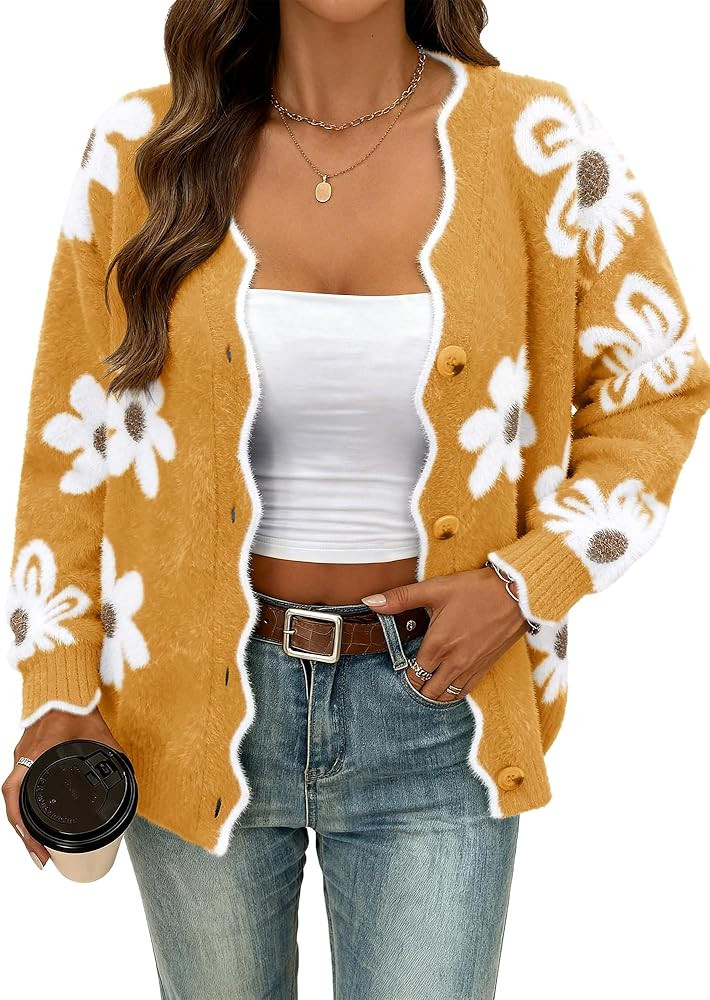 HDLTE Cardigan Sweaters for Women Chunky V-Neck Button Down Knit Fuzzy Floral Sweater 2025 | Amazon (US)