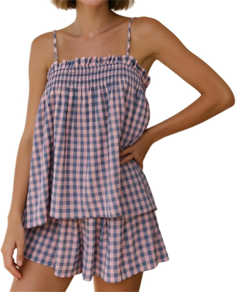 Thopavenoir Women Gingham 2 Piece Lounge Set Sleeveless Babydoll Cami Peplum Top Plaid Shorts Paj... | Amazon (US)
