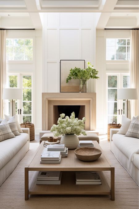 white oak coffee table, grey plaid pillows in open airy neutral living room 

#LTKhome