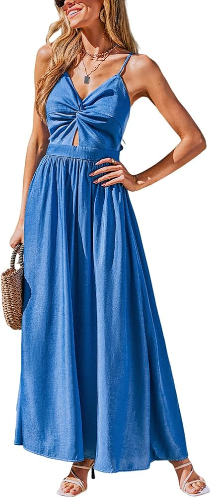 CUPSHE Women Casual Dress Beach Sleeveless V Neck Summer Cutout Spaghetti Straps Formal Maxi Sun ... | Amazon (US)