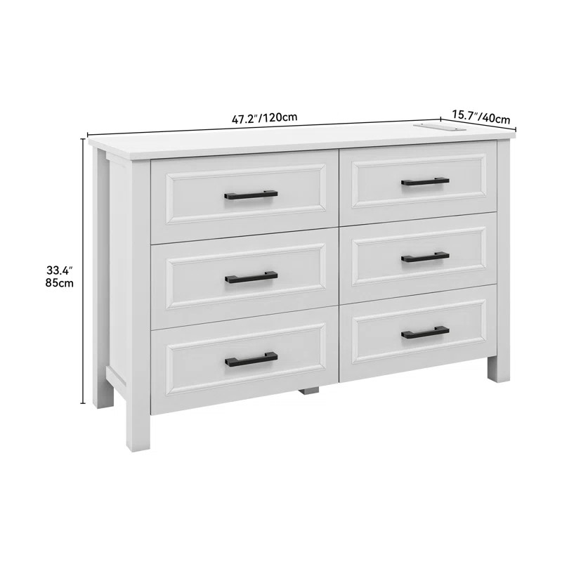 47“W 6-Drawer Double Dresser, Modern White Dresser With Built-In Power Outlet | Wayfair North America
