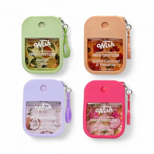 Wish Hand Sanitizer Spary Travel Size Spray 4-Piece 1.2 FL OZ (35ML) Each, Salted caramel, Coconut Cream, Dragonfruit, Golden Citrux, Hydrating and Moisturizing,(4 pack) | Amazon (US)