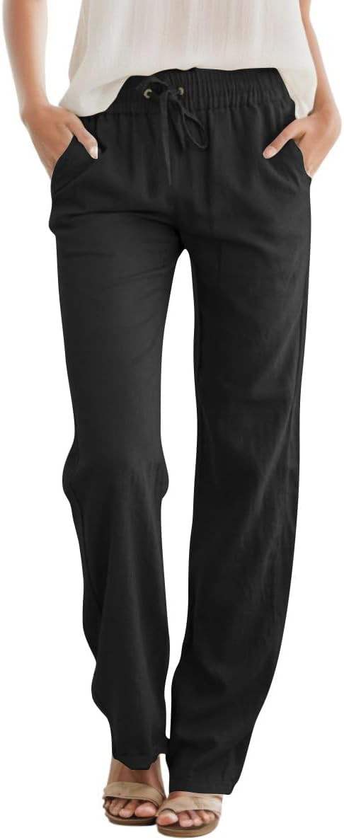 Womens Casual Linen High Waist Pants Drawstring Loose Fit Summer Pants Trousers with Side Pockets | Amazon (US)