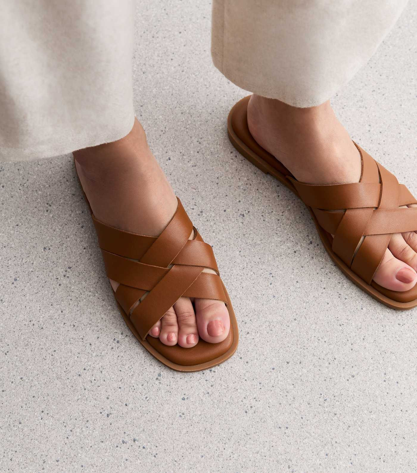 Tan Leather-Look Cross Strap Mule Sandals
						
						Add to Saved Items
						Remove from Saved... | New Look (UK)
