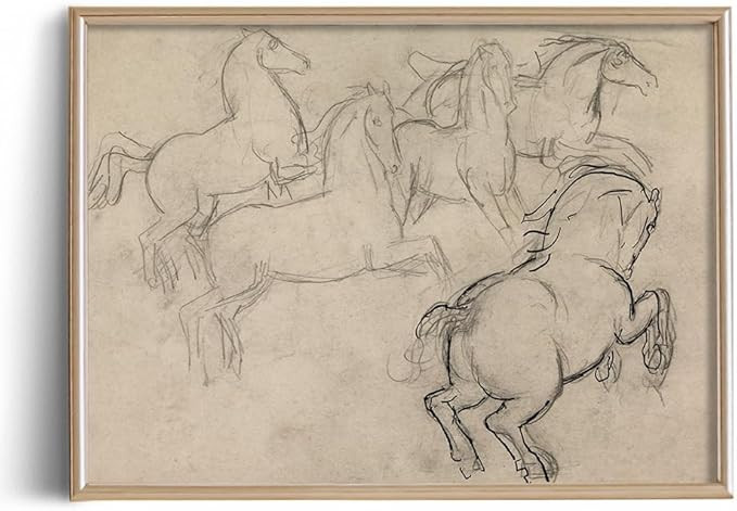 Vintage Farmhouse Horse Wall Art - Horse Drawing Etching Rustic Gray Picture - Beige Equine Pony ... | Amazon (US)