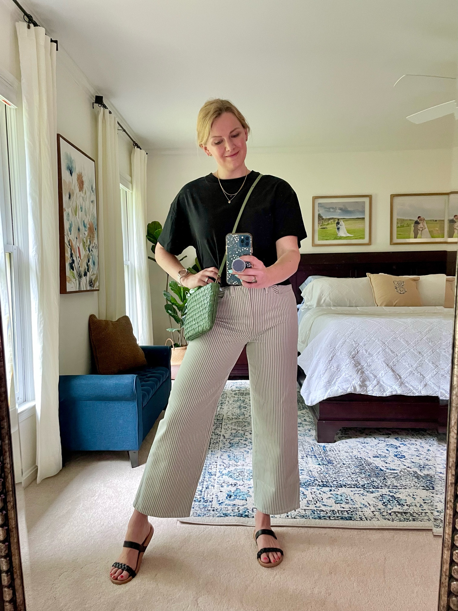 Cropped boxy black tee. Fits true to size & comes in lots of colors

Striped wide leg cropped jeans. I sized up one from my normal jean size in this brand.

Quilted crossbody bag 

Strappy braided sandals in black, fit true to size.

Summer weekend outfit idea



#LTKsalealert #LTKitbag #LTKSeasonal