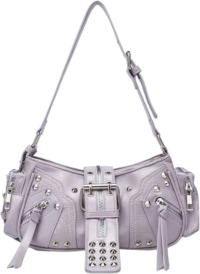 MakeMeChic Women's Rivet Shoulder Bag PU Leather Buckle Y2K Punk Vintage Tote Bag Handbags | Amazon (US)