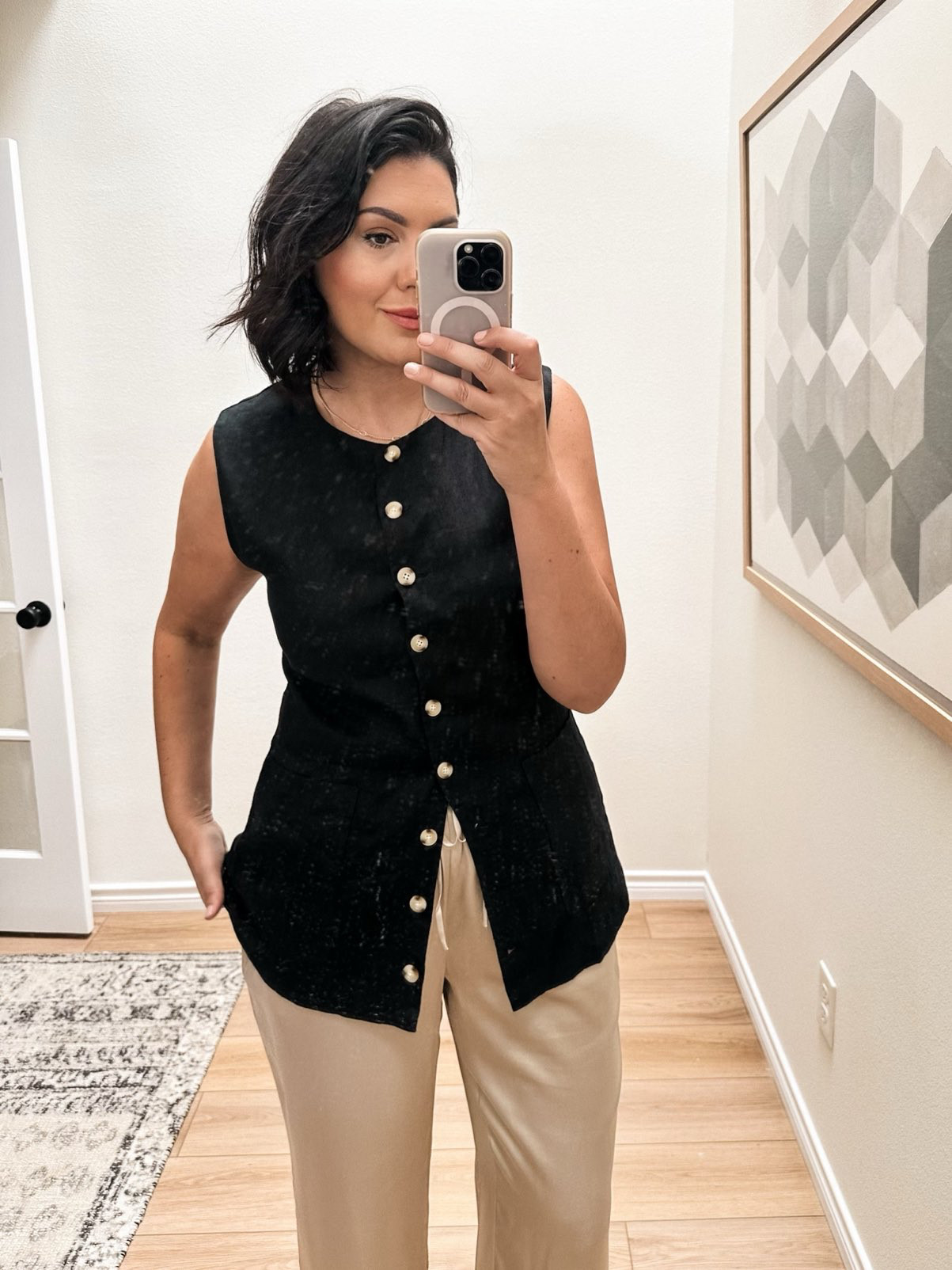 Linen is such a nice fabric to have through the fall here in Texas. I know we typically reach for it in spring / summer but it has a place in my fall uniform too. I am in the medium here and it fits perfectly-- not too tight across the chest. It may run generous for those with smaller busts. 

If you don’t like the longline version, I’ll link a shorter vest in LTK too! That one fits a bit generously as well.    

 #LTKFindsUnder100