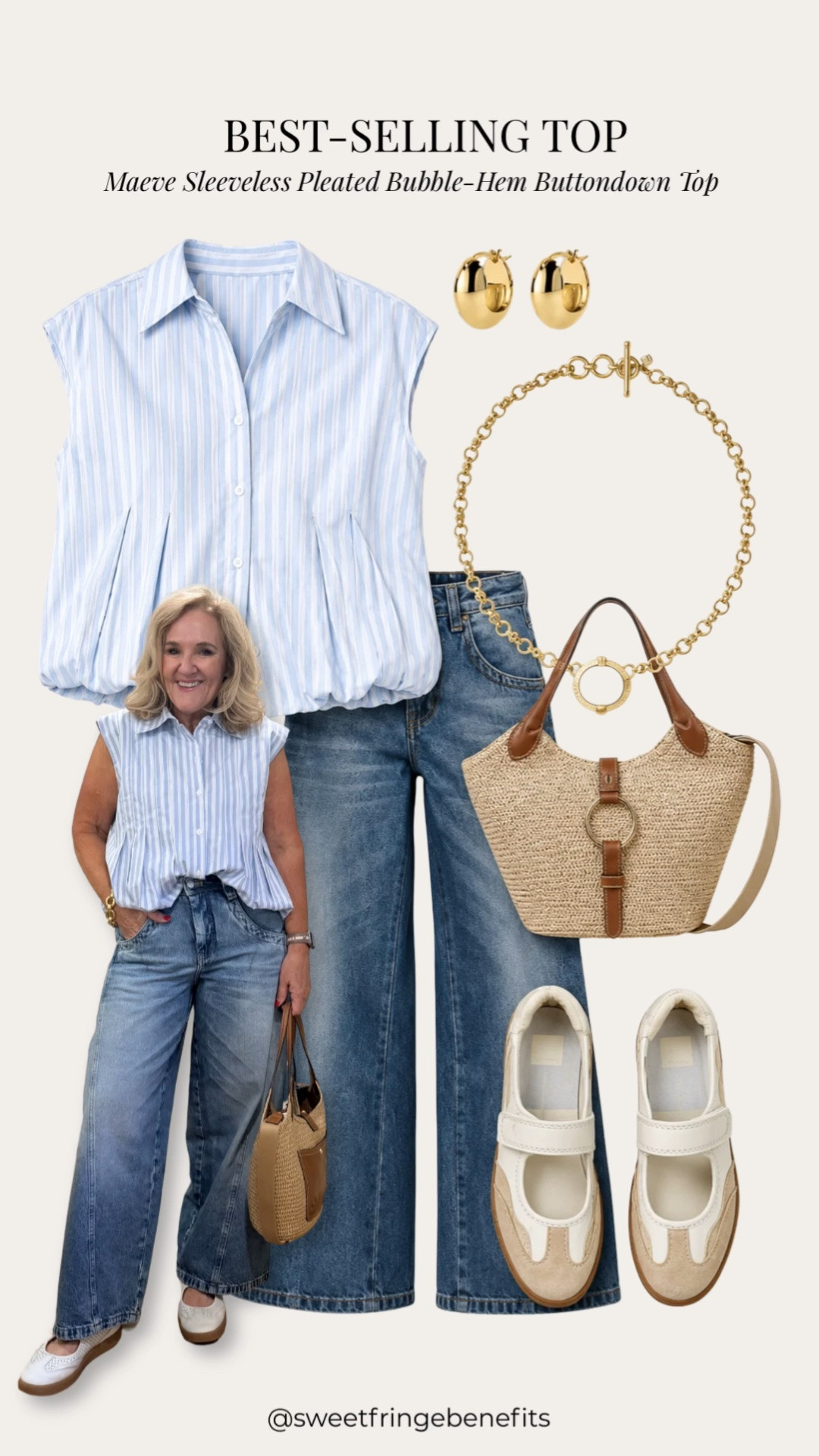This Maeve Sleeveless Pleated Bubble-Hem Buttondown Top is one of my best-selling pieces for a reason! 💙 The flattering bubble hem pairs perfectly with wide-leg jeans, and I finished the look with woven accessories and sporty sneakers for an effortless everyday outfit.

💡 LTK MADE EASY
❤️ Heart = Support my posts!
🔖 Save = Get sale & restock alerts
📋 Lists = Keep favorites organized
📲 Share = Send lists and products to a friend.
💬 Comment = Ask me anything about what I'm wearing.:-)

#LTKootd #LTKOver40 #LTKSeasonal