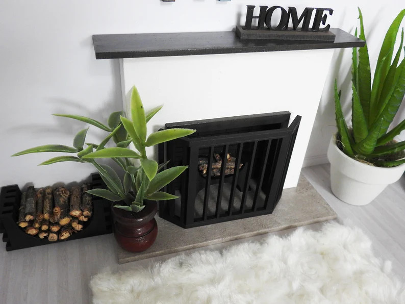 1:12 Scale Modern Dollhouse Miniature Wood Fireplace with Optional Screen and Wood Grate | Etsy (US)