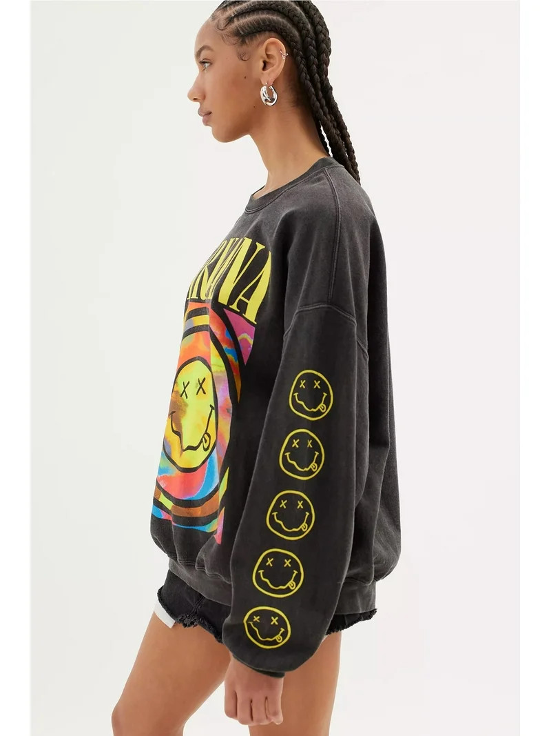 Urban Outfitters Women's Smile Overdyed Oversize Crew Neck Sweatshirt (Large/X-Large, Black Pigme... | Walmart (US)