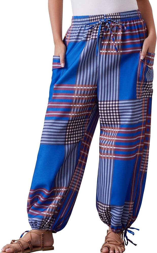 Women Y2K Drawstring Plaid Color Block Pant Loose Elastic High Waist Wide Leg Trousers Casual Lou... | Amazon (US)