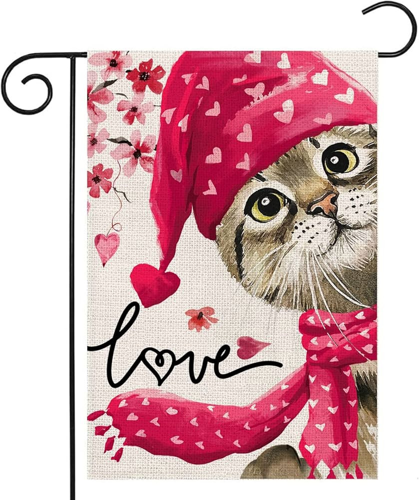 Valentines Day Love Cat Garden Flag 12x18 Double Sided,Watercolor Cat with Hat Scarf Sakura Small... | Amazon (US)