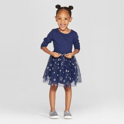Toddler Girls' Long Sleeve Tutu Dress with Star Mesh Skirt - Cat & Jack™ Navy | Target