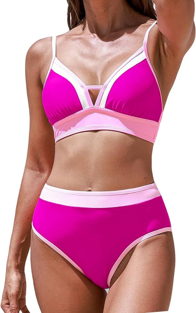 CUPSHE Women's Bikini Sets Two Piece Swimsuits High Waisted Color Block V Neck Adjustable Straps ... | Amazon (US)