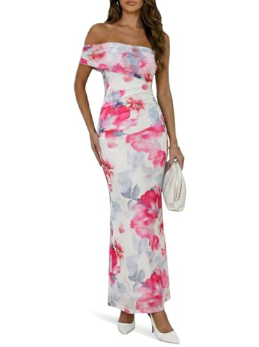 Wenrine Womens Off The Shoulder Dress Cocktail Summer Floral Maxi Mesh Casual Sleeveless Bodycon ... | Amazon (US)