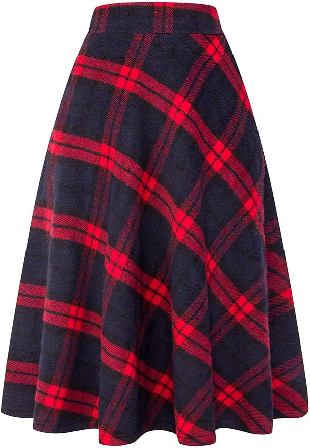 IDEALSANXUN Womens Plaid Wool Skirts Elastic Waist A-Line Pleated Tartan Long Skirts | Amazon (US)