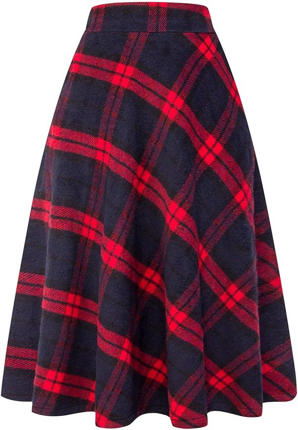 IDEALSANXUN Womens Plaid Wool Skirts Elastic Waist A-Line Pleated Tartan Long Skirts | Amazon (US)