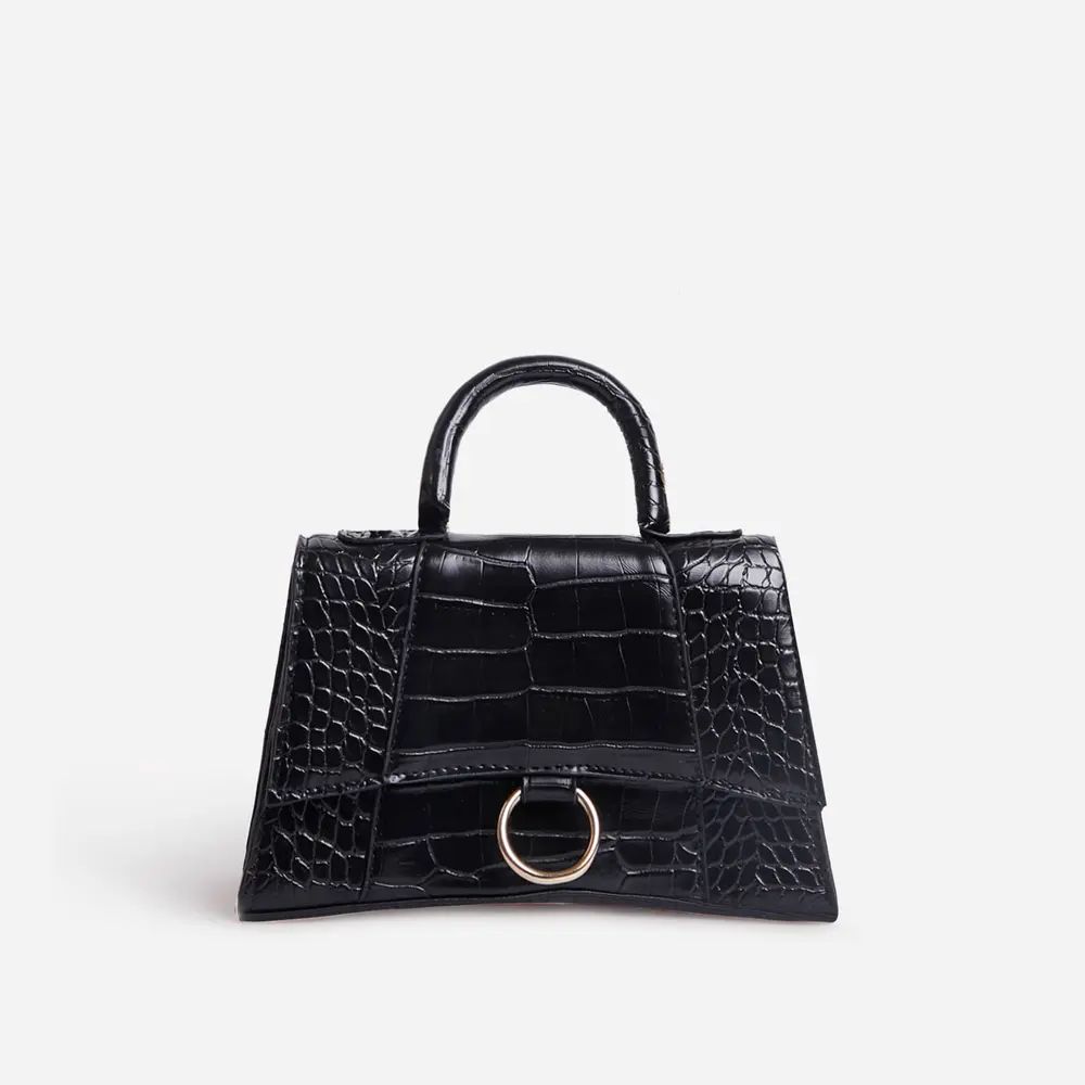 Georgie Ring Detail Tote Bag In Black Croc Print Patent | EGO Shoes (US & Canada)
